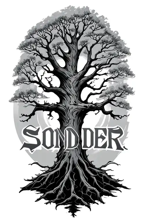 the word Sonder with a tree branch through it tattoo design idea