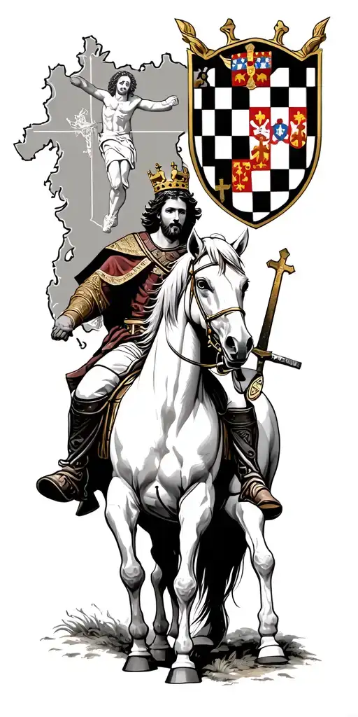King Tomislav on a horse with a shield and sword and in the background the country of Croatia with Jesus and crosses tattoo design idea
