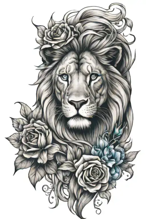 lion with light blue eyes and flowers intertwined with the mane tattoo design idea