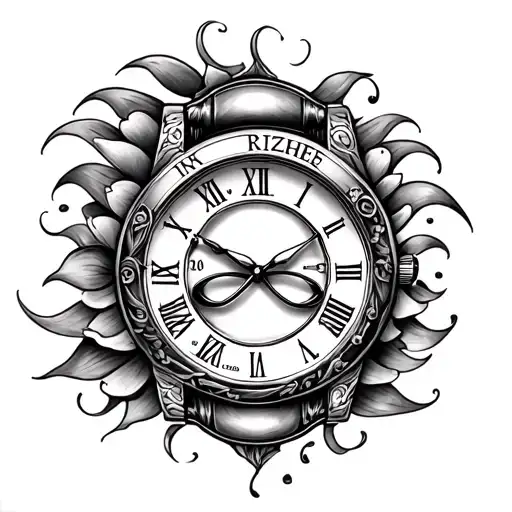 Watch, infinity, first name Heather 10/28/2009, hourglass, time 10:30 tattoo design idea