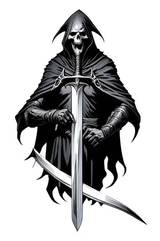 cloaked Nazgul half skull holds sword downward with gauntlets tattoo design idea