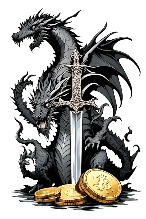 Gold coins on the top with a dragon and monsters in it, have a sword and a swamp tattoo design idea