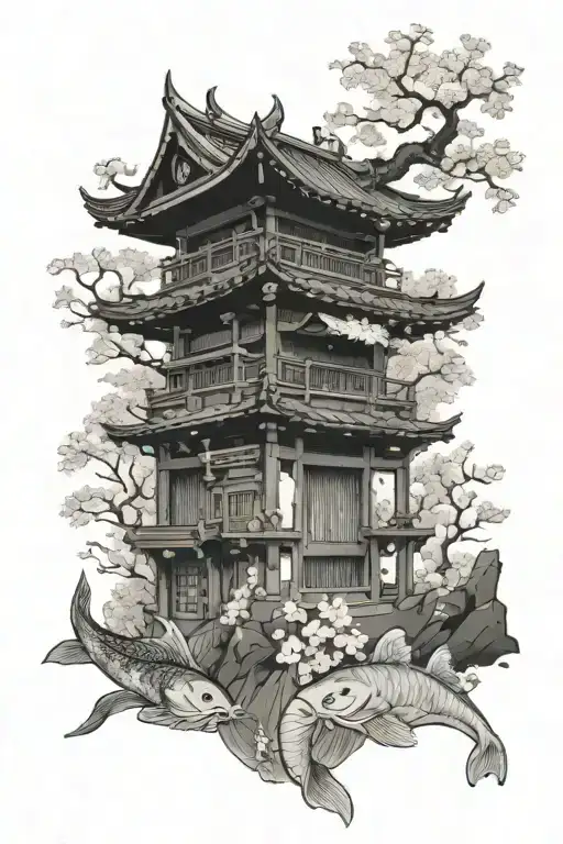 Tori gate, with a samurai in the middle, spirit’s on the side and koi fish garden with cherry blossoms wrapped around tattoo design idea