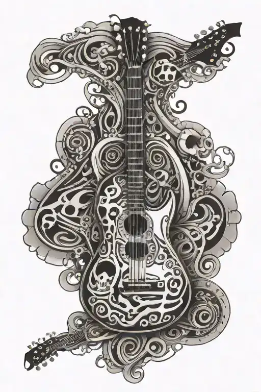 A guitar made out of bones with musical notes floating around it tattoo design idea