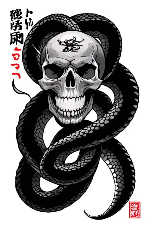 the words loyalty, integrity, honor, and time in Japanese with an intertwined snake and skull tattoo design idea