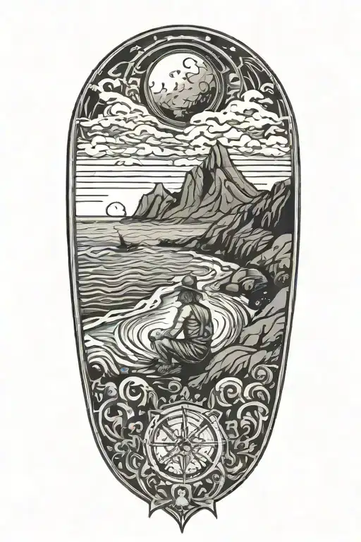 A lone hermit, wandering by the ocean, looking out at sea tattoo design idea