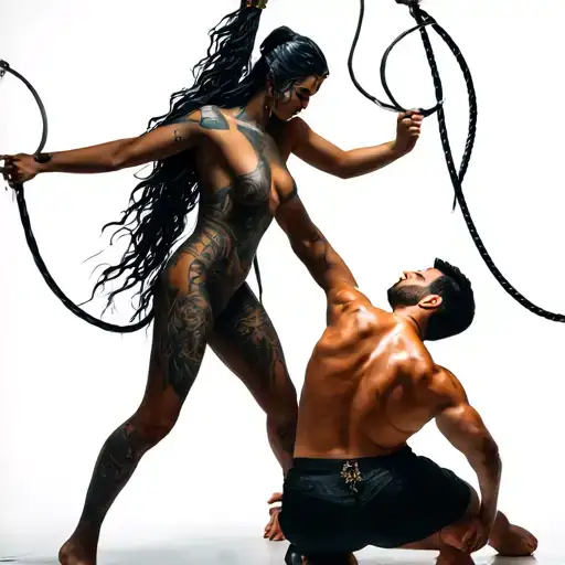 full body of a male in a dongeon on his knees being tortured by a goddess dominatrix with whips, hyperrealist tattoo design idea