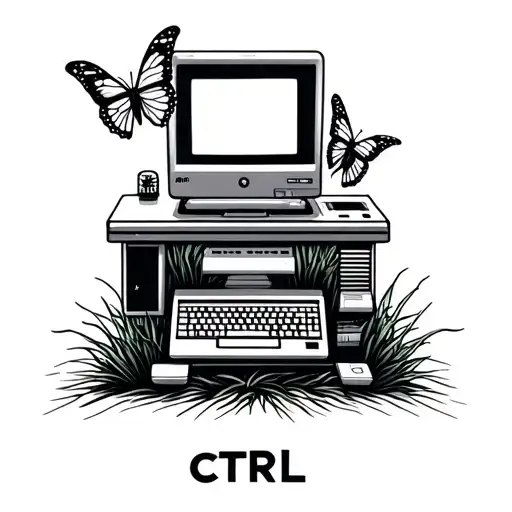 Sza album CTRL inspired tattoo featuring stacked computers with butterfly and grass. fine line  tattoo design idea