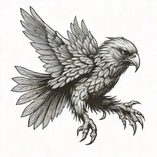 A bird of the Parabuteo unicinctus type in an attack pose with a fierce look, wings spread and claws open tattoo design idea
