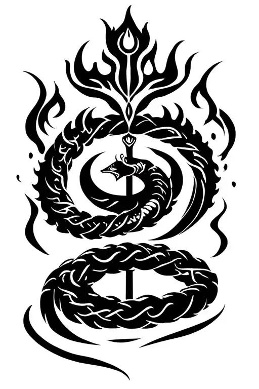 Trishul – weapon of dharma, piercing illusionCoiling serpent – kundalini, power, hidden knowledgeBurning mantra ring tattoo design idea