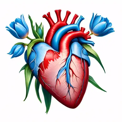 "Together in every beat" Anatomy of the heart with light blue tulips tattoo design idea