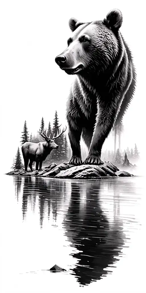 nature forest bear elk waterfall sunshine lake stream axes fire firefighter tattoo design idea