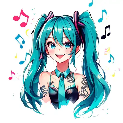 Hatsune miku smiling sourounded by musical notes floating tattoo design idea