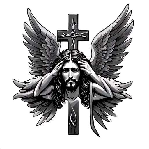 CROSS WITH JESUS FACE, WINGS LEFT AND RIGHT, FULL BACK TATTOO tattoo design idea
