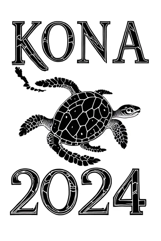 "KONA 2024" Honu in the middle of the outline of the big island of Hawaii tattoo design idea