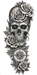 roses, Japanese death mask, compass, mythology tattoo tattoo design idea