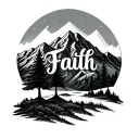The word faith in cursive at base of a mountain scene. Three small trees under mountains tattoo design idea