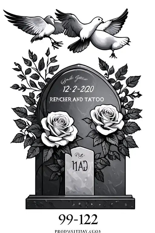 roses and doves with dates 12-27-2020 and 09-12-21 with headstones tattoo design idea
