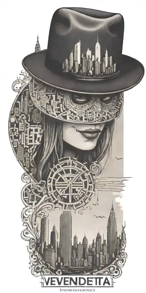 v for vendetta. hat with city skyline in the background with qr code tattoo design idea