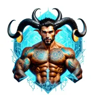Gay male horned satyr with massive bodybuilder muscles. Background of natural tree roots, vines and patterns tattoo design idea