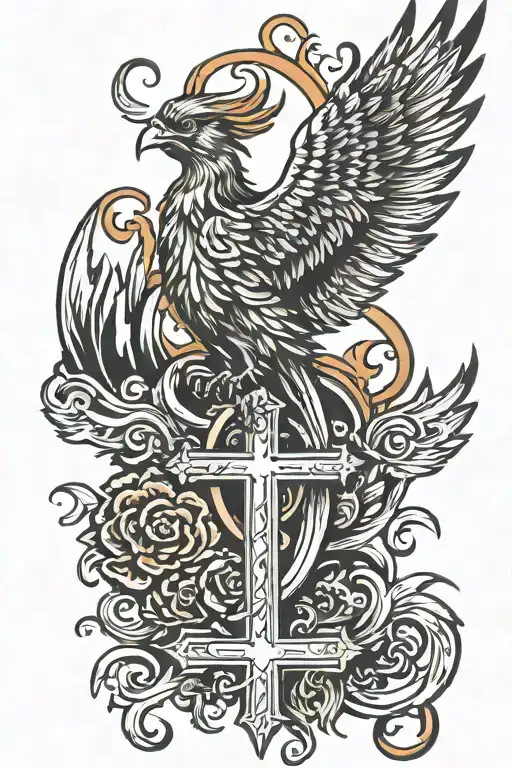 phoenix and cross  tattoo design idea