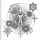 vitruvian man, mountain, snowflake, wave, buoy, Inti, owl, brain, mechanical leg, cancer, Savoy cross tattoo design idea