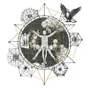 vitruvian man, mountain, snowflake, wave, buoy, Inti, owl, brain, mechanical leg, cancer, Savoy cross tattoo design idea