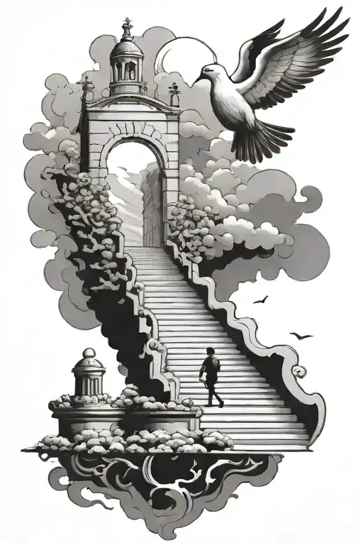 staircase to heaven with man walking with dove flying tattoo design idea