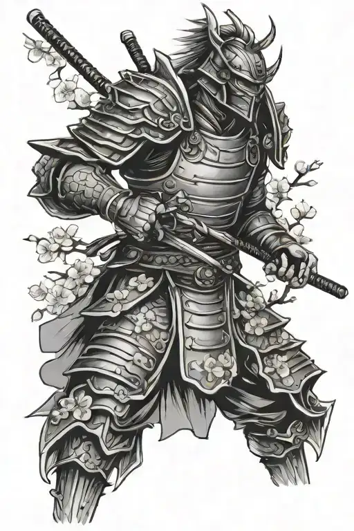 armored ronin and cherry blossom branche tattoo design idea