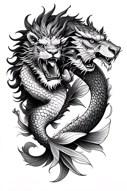 Design a realistic Japanese-style forearm tattoo featuring a fierce dragon, a majestic lion, a graceful koi fish, and a tattoo design idea