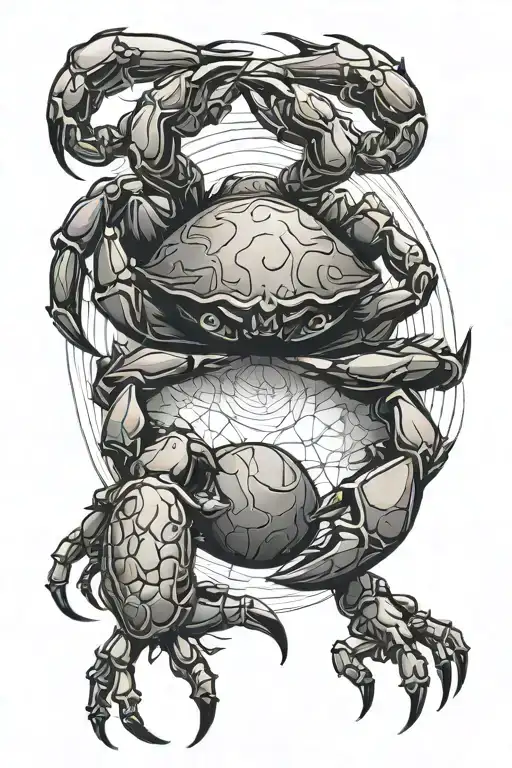 girl standing on a negative space abstract crab, circular background behind the girl tattoo design idea