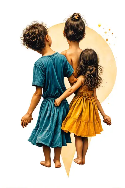 A tattoo, in which there is an older brother holding hands with his two little sisters, they are all on their backs tattoo design idea