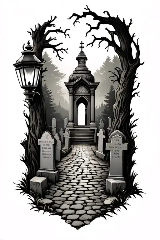 realistic cobblestone path through graveyard scene with mausoleum & gas lanterns tattoo design idea