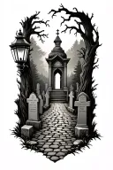 realistic cobblestone path through graveyard scene with mausoleum & gas lanterns tattoo design idea