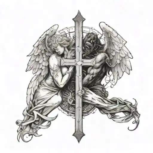 an angel and demon in one person split down the middle in front of a cross praying tattoo design idea