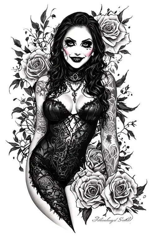 sexy nude goth, huge boobs, sexy smile, full body woman tattoo design idea