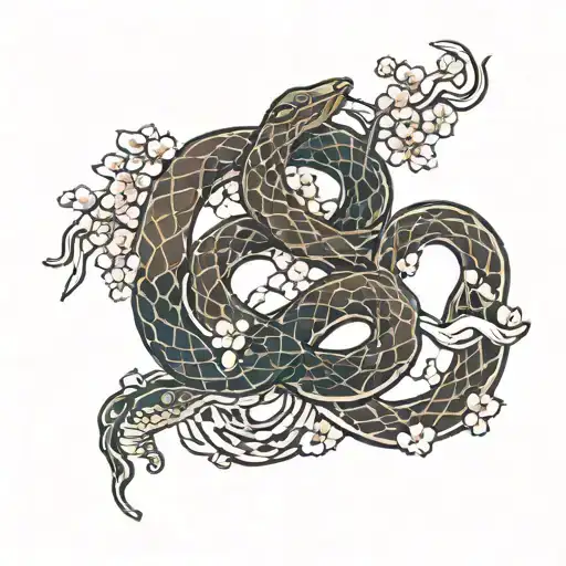 Multiple snakes intertwined with a cherry blossom tree tattoo design idea