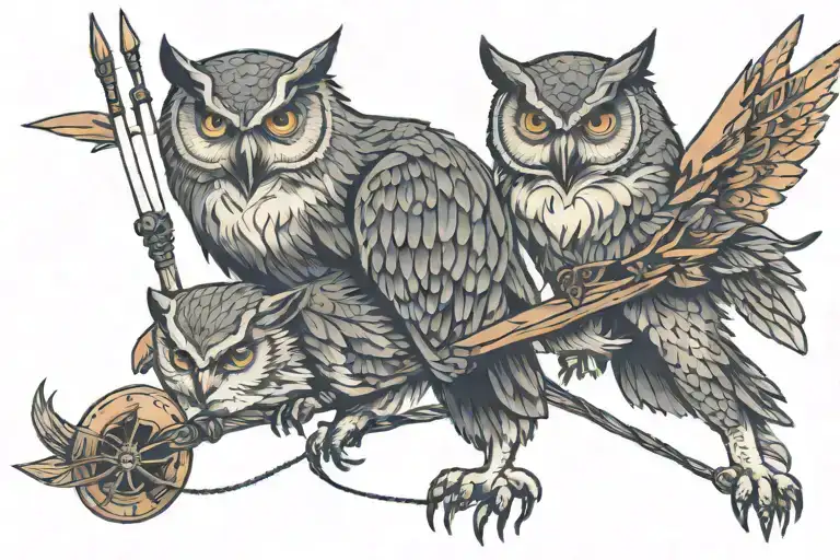 owl on a  wolf perched on a bow arrows tattoo design idea