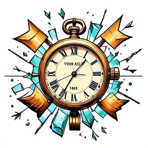 - The center depicts classic watches with broken glass, the arrows show 18:00, symbolizing the moment of growing up. - tattoo design idea