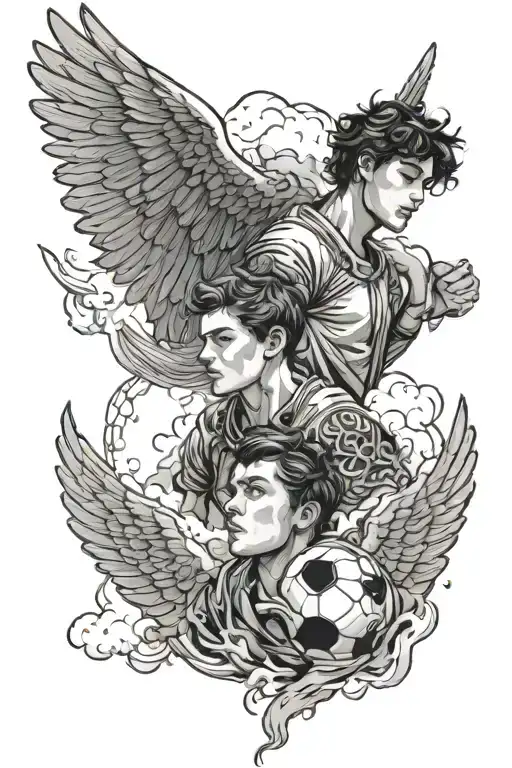 two young males looking up to the sky. angel looking down out of the clouds. football and music themed around them  tattoo design idea
