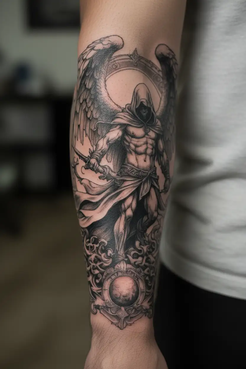 hooded arch angel defeating a demon tattoo design idea