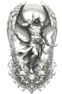 hooded arch angel defeating a demon tattoo design idea