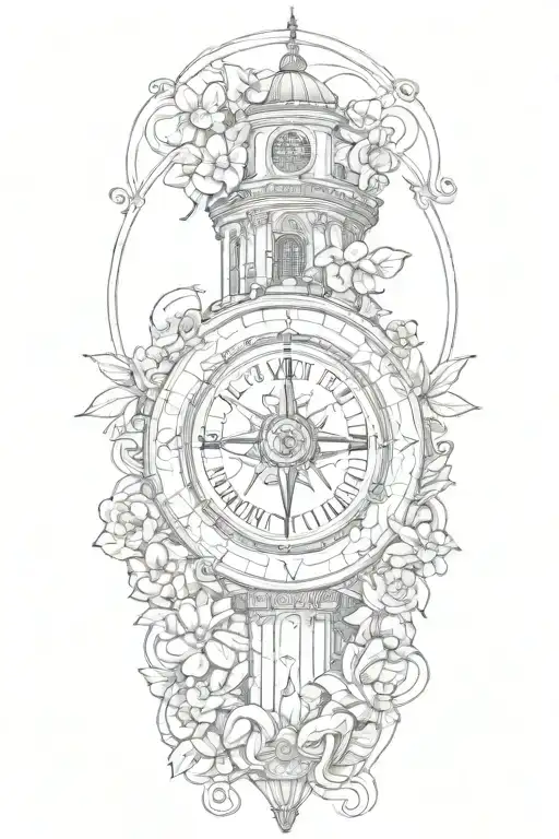 tattoo featuring roman buildings, and navigation compass surrounded by flowers and vines tattoo design idea