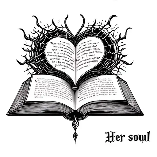 Open book tattoo with Harry Potter symbols, mystery novels, charlotte’s web, zodiac academy and the quote Her soul belon tattoo design idea