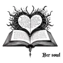 Open book tattoo with Harry Potter symbols, mystery novels, charlotte’s web, zodiac academy and the quote Her soul belon tattoo design idea