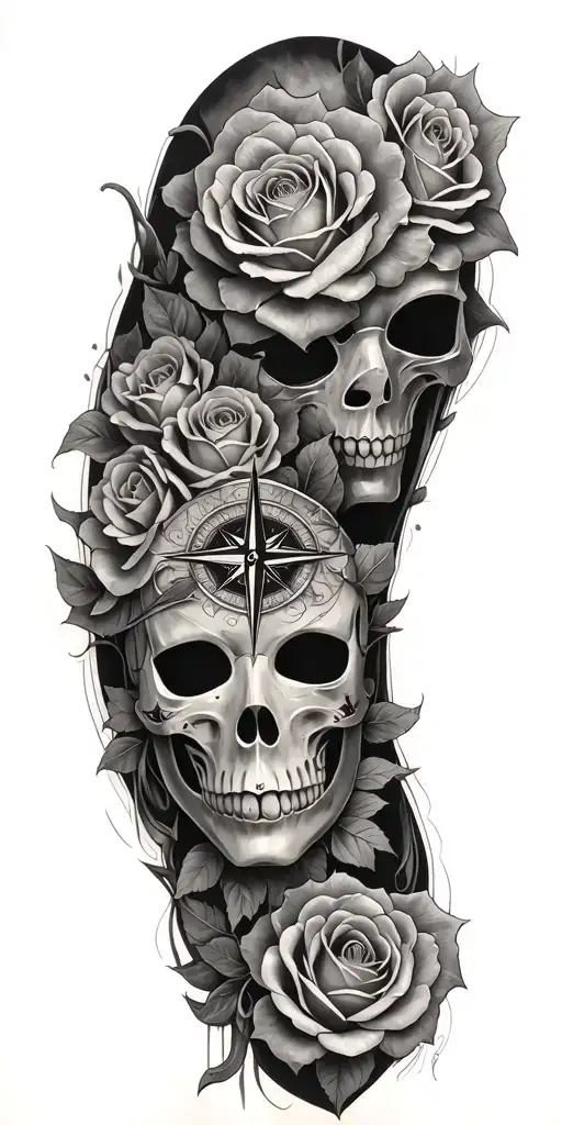 roses, Japanese death mask, compass, mythology tattoo tattoo design idea