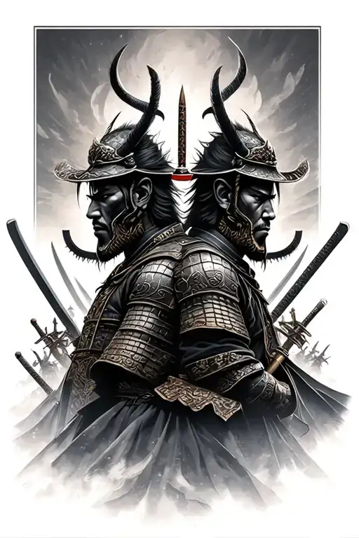 2 samurai face each other with their armies behind them swords drawn one samurai is monstrous one is normal  tattoo design idea