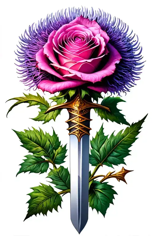 scottish thistle rose sword wrapped tattoo design idea