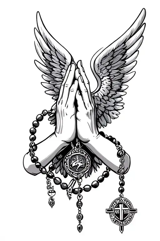 Praying Hands, Rosary beads intertwined, Wings tattoo design idea