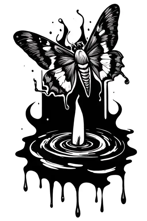 Tattoo concept in abstract sketch tattoo style by black pen. Abstract moth flying towards the flame of a dripping candle tattoo design idea